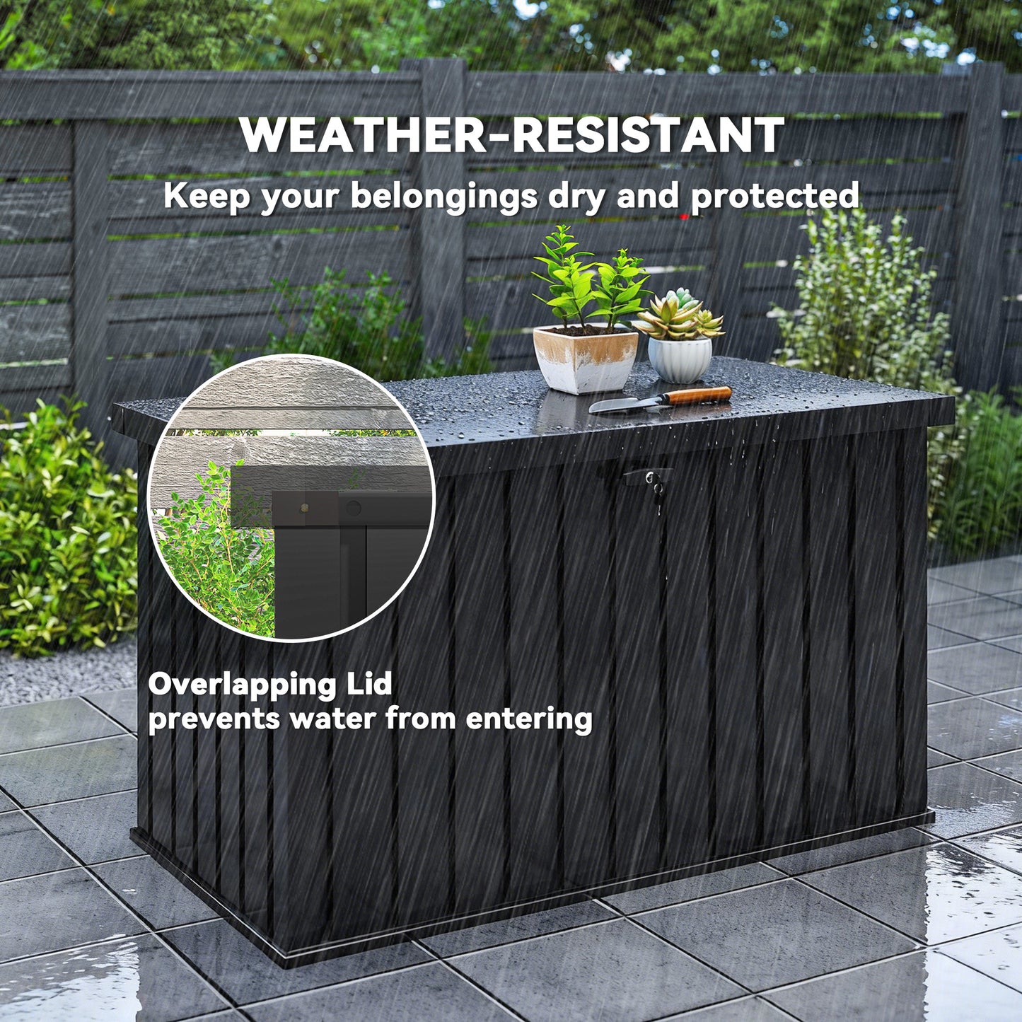 400L Waterproof Metal Outdoor Storage Box with Lock and Keys Black