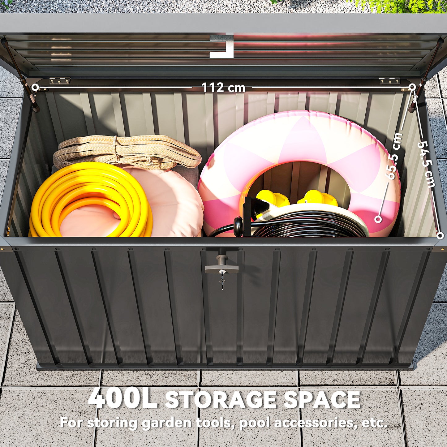 400L Waterproof Metal Outdoor Storage Box with Lock and Keys Black