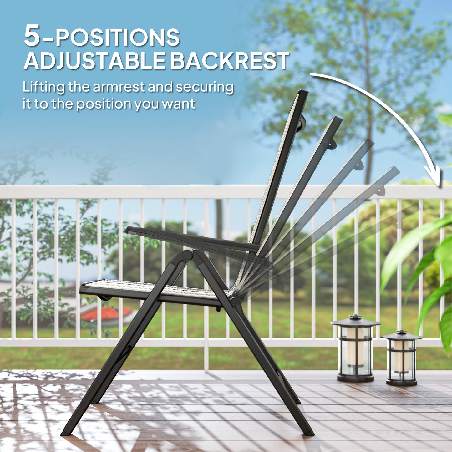 2PCs Rattan Folding Chair w/ 5-Position Adjustable Backrest, Grey