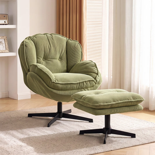 Armchair with Footstool, 360-Degree Swivel Accent Chair, Green