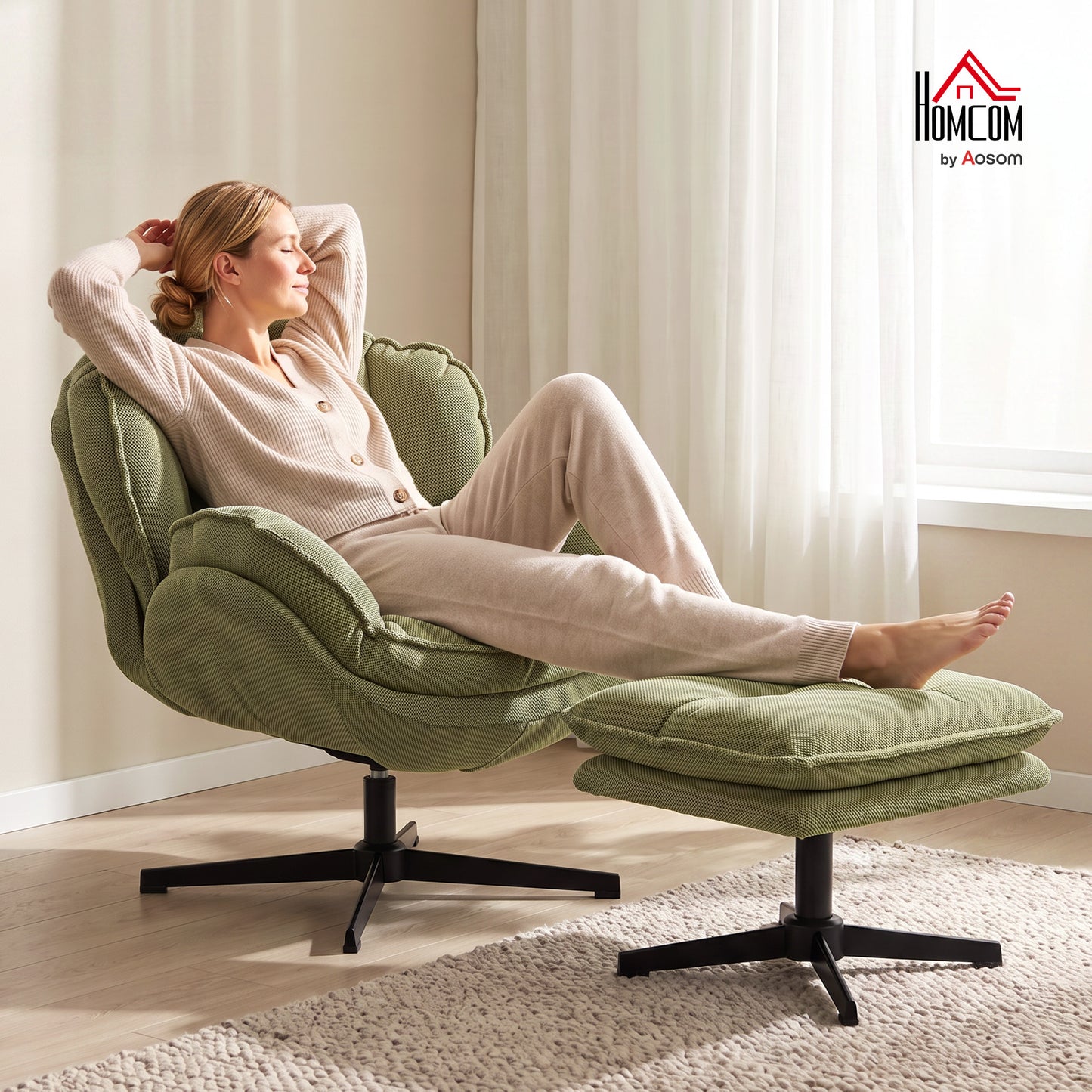 Armchair with Footstool, 360-Degree Swivel Accent Chair, Green