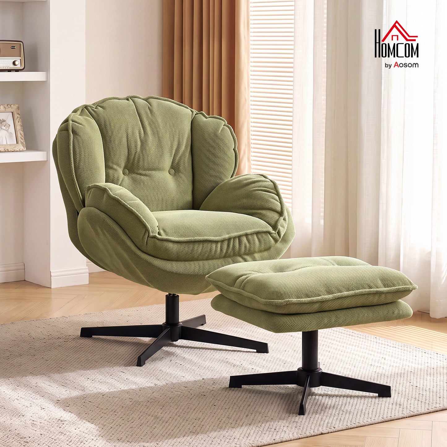Armchair with Footstool, 360-Degree Swivel Accent Chair, Green