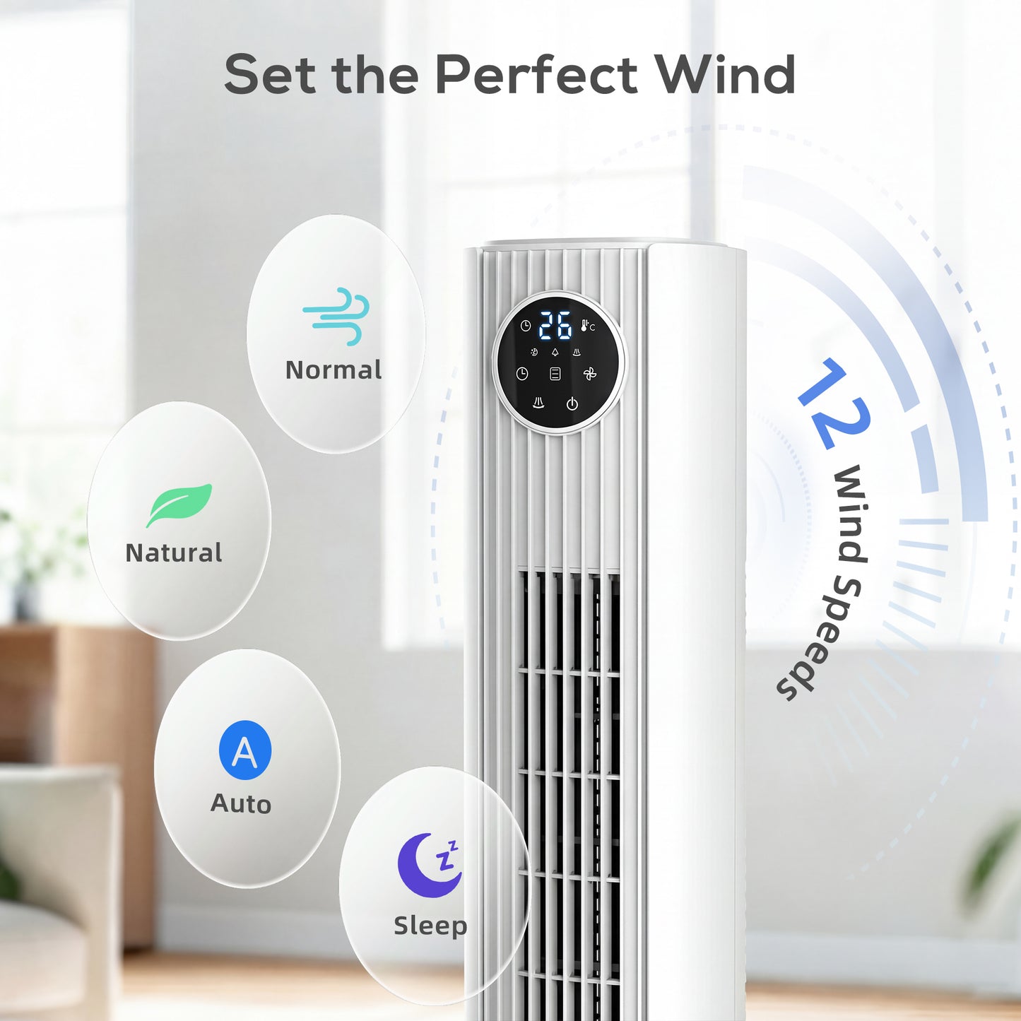 28dB Tower Fan for Bedroom, 26 ft/s Velocity Standing Fan, White