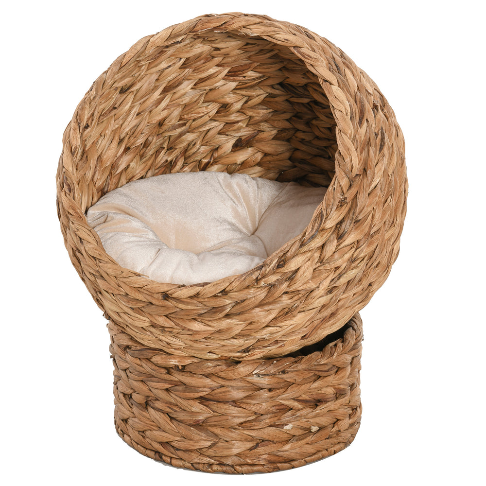 Wicker Cat Bed, Raised Rattan Cat Basket with Cylindrical Base, Soft Washable Cushion, Brown, 50 x 42 x 60 cm