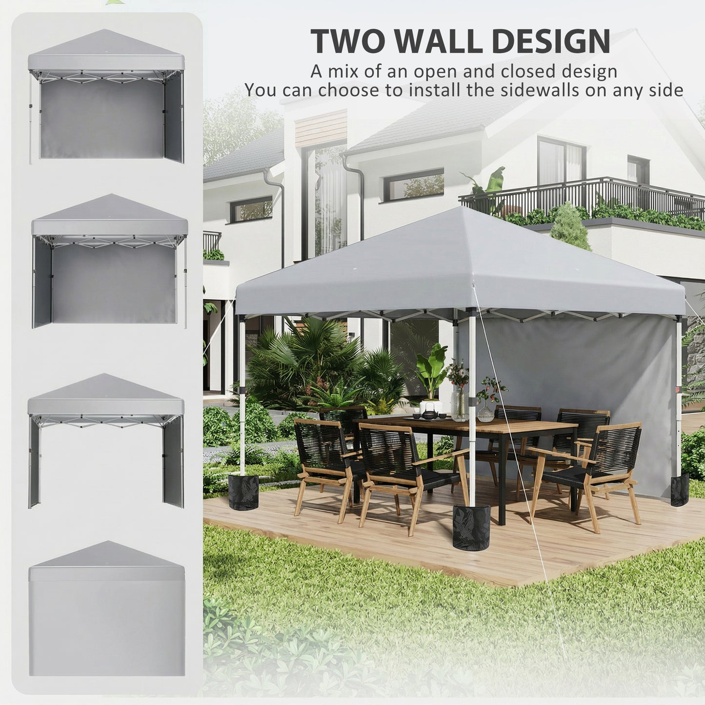 3x3 M Pop Up Gazebo Party Tent, 2 Sidewalls, Weight Bags Light Grey