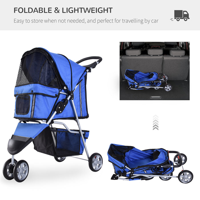 Dog Pram Pet Travel Stroller Dog Pushchair W/Three Wheels-Blue