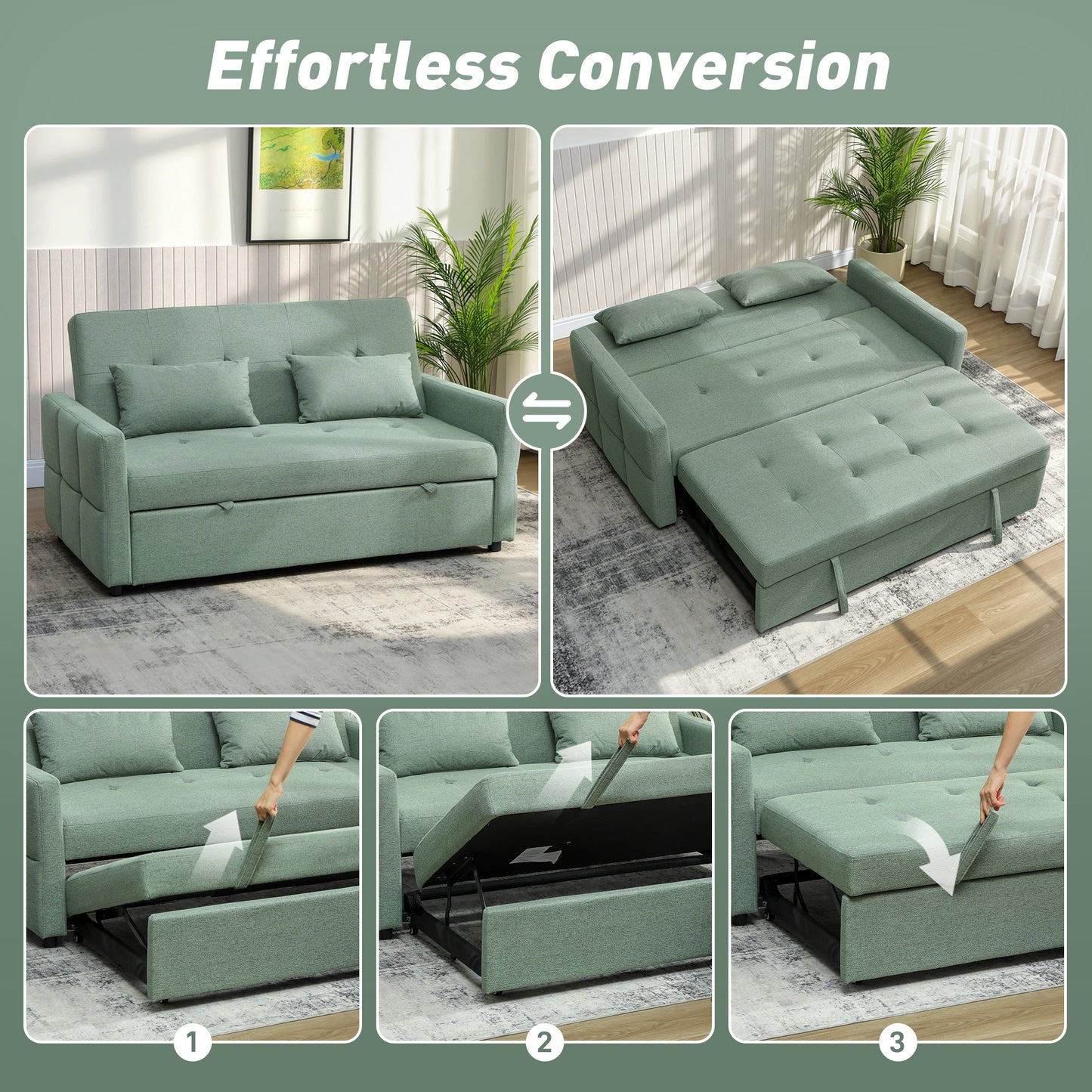 2 Seater Sofa Bed, Convertible Pull Out Bed Settee, Light Green