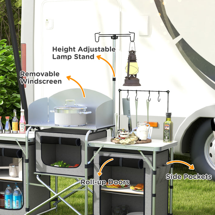 Folding Camping Kitchen, Portable Aluminium Camping Table w/ 3 Fabric Cupboards, Windshield, Stand, Carrying Bag for BBQ, RV