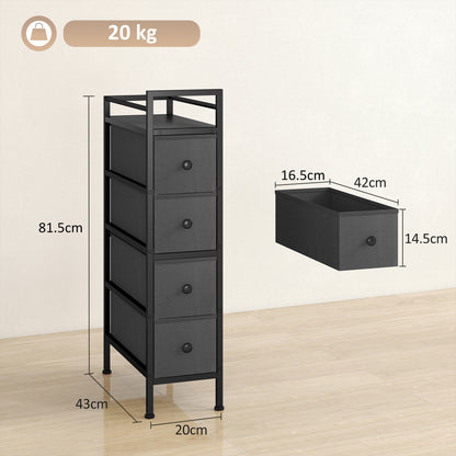 Narrow 4 Drawer Dresser with Steel Frame, Chest of Drawers, Black