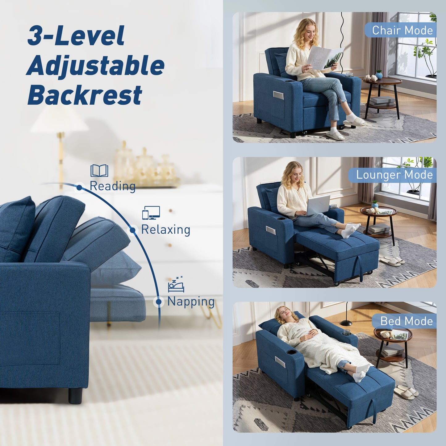 3-in-1 Sofa Bed, Convertible Sleeper Chair with Adjustable Backrest