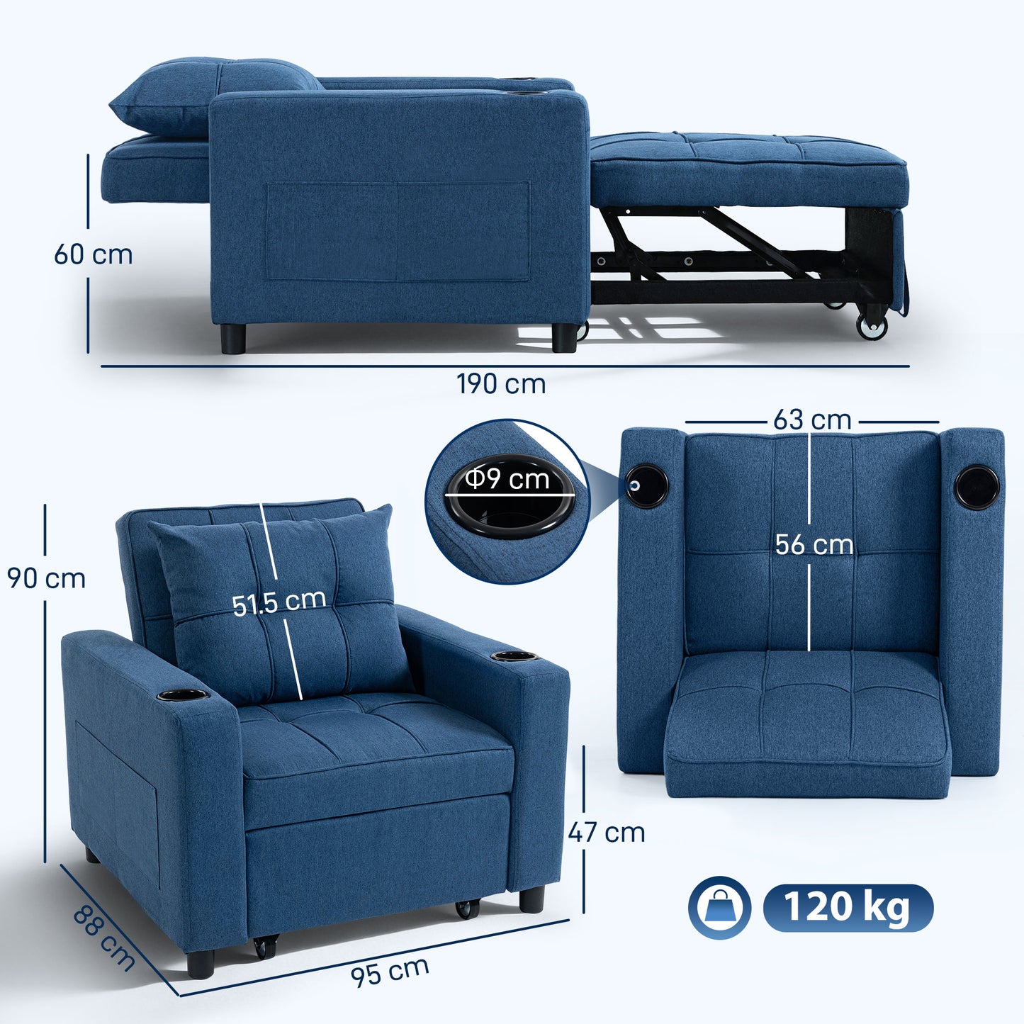 3-in-1 Sofa Bed, Convertible Sleeper Chair with Adjustable Backrest