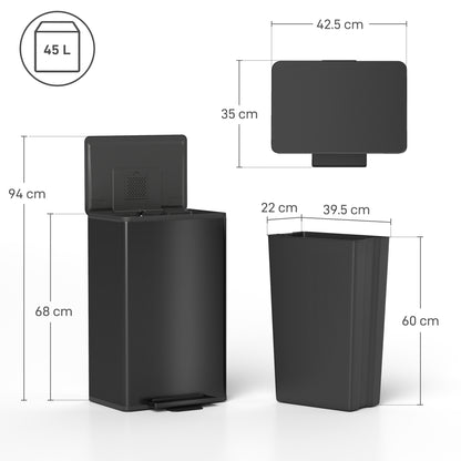 45L Kitchen Bin, Pedal Bin with Soft-Close Lid, Removable Bucket