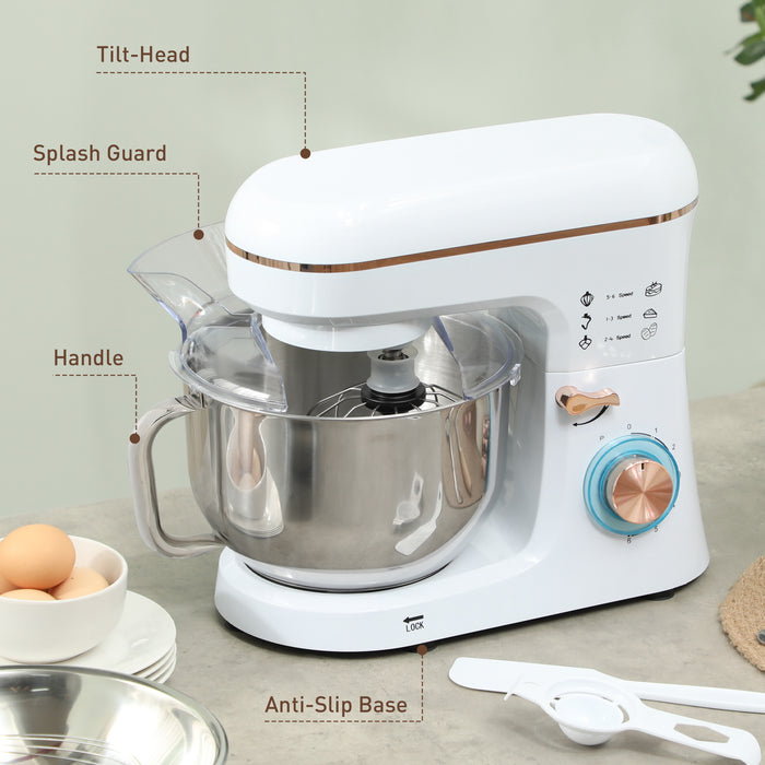 Electric Stand Mixer, 5L Food Mixer with Dough Hook, Whisk, White