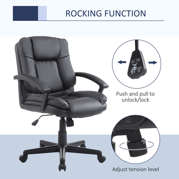 Swivel Executive Office Chair Mid Back Faux Leather Computer Desk Chair for Home with Double-Tier Padding, Arm, Wheels, Black