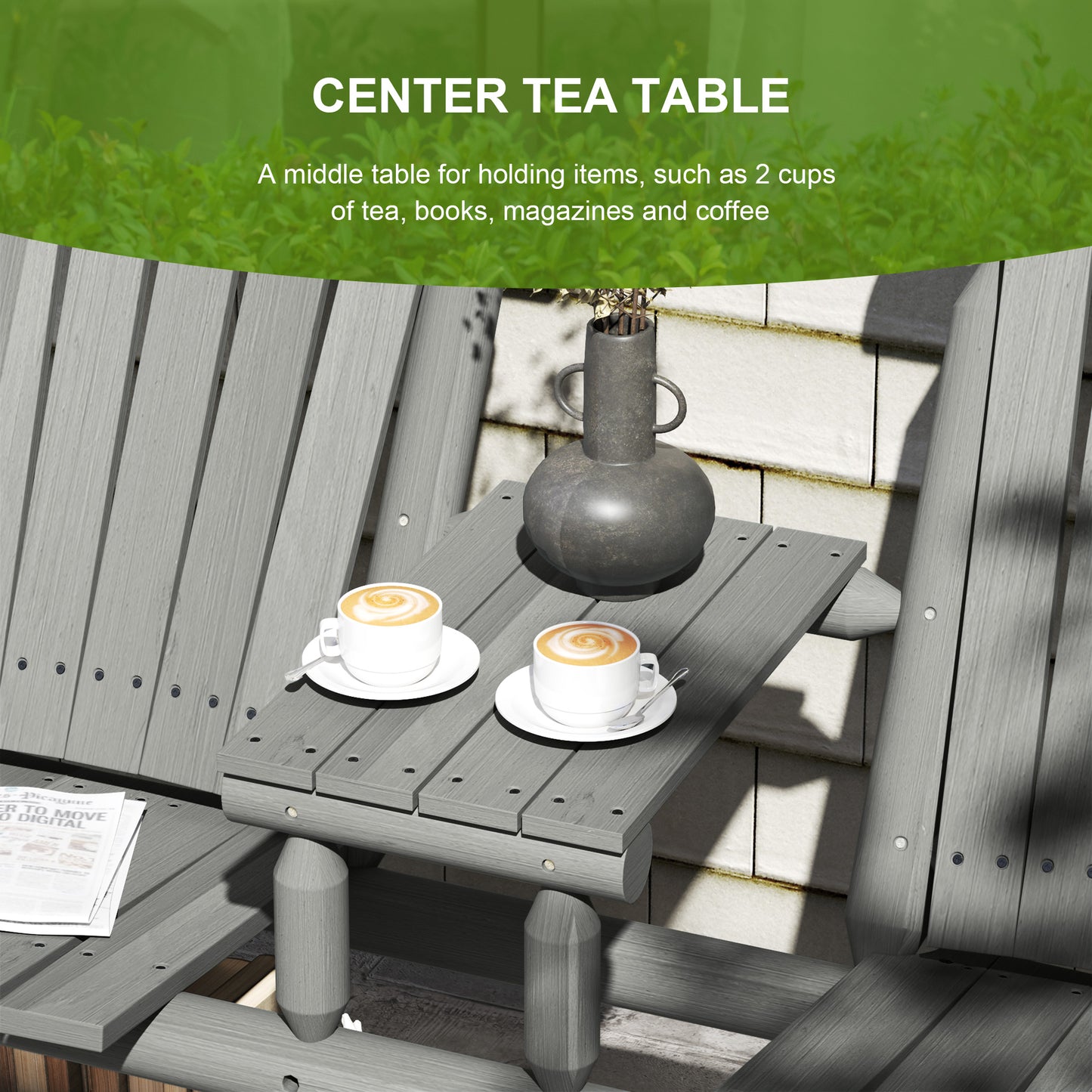 Wood Patio Bench 2 Seats w/ Centre Coffee Table, Grey