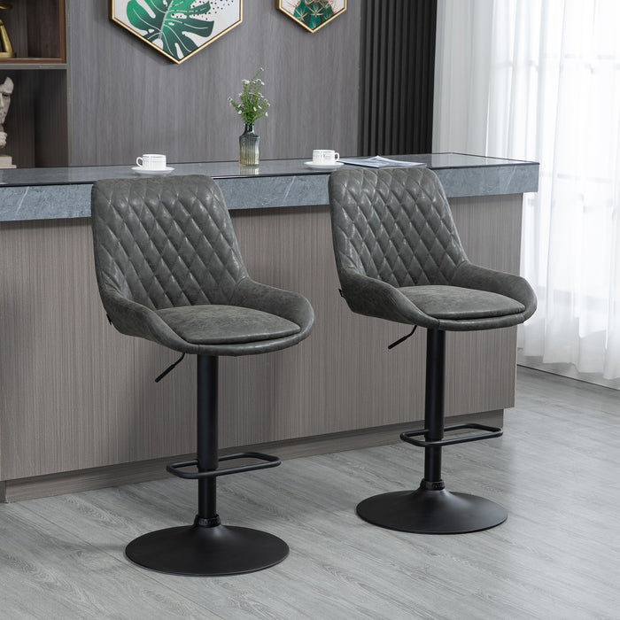 Retro Bar Stools Set of 2, Adjustable Kitchen Stool, Upholstered Bar Chairs with Back, Swivel Seat, Grey