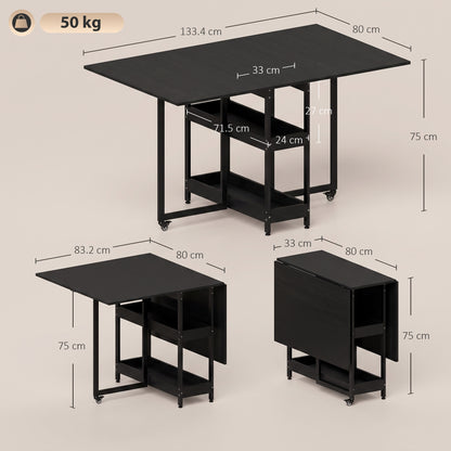 Folding Dining Table, Drop Leaf Table w/ Open Compartments, Black