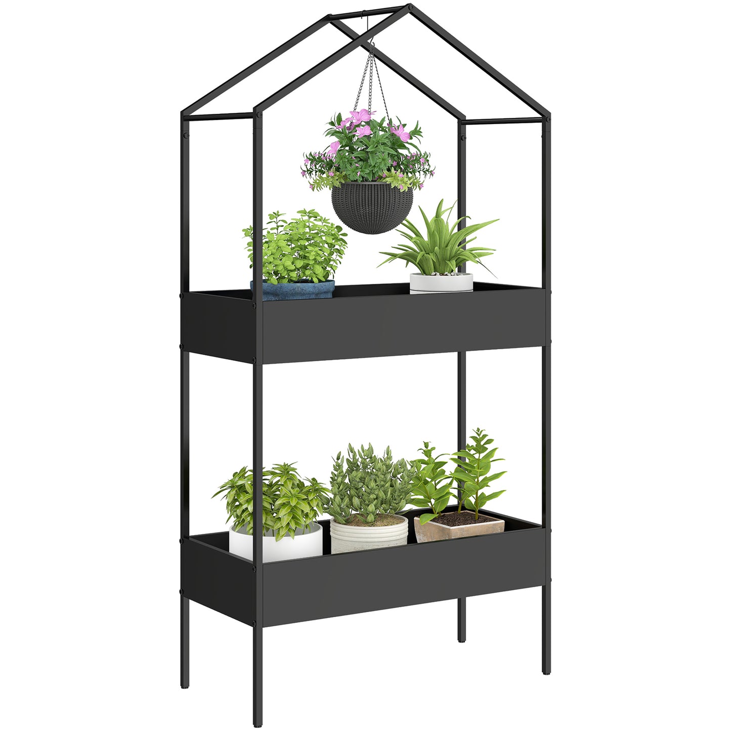 2 Tier Plant Stand, Outdoor Indoor Metal Plant Stand with Hook