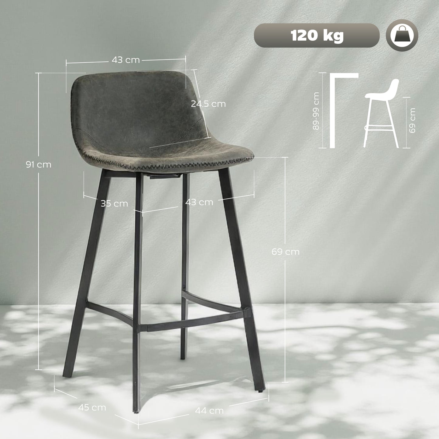 Bar Stools Set of 2, Bar Chairs with Back and Steel Legs, Grey