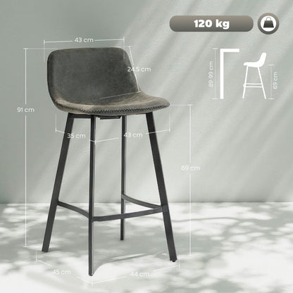 Bar Stools Set of 2, Bar Chairs with Back and Steel Legs, Grey