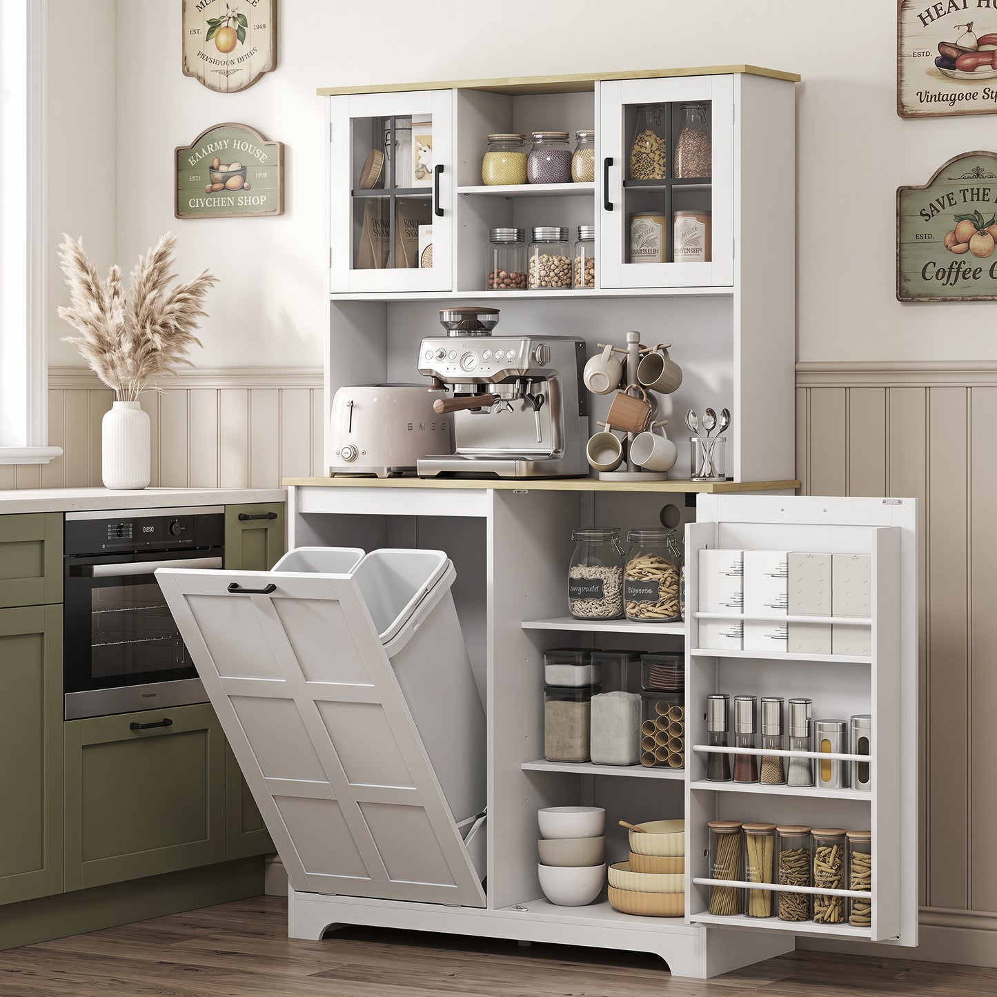 175cm Tall Kitchen Cabinet with Rubbish Bin, White
