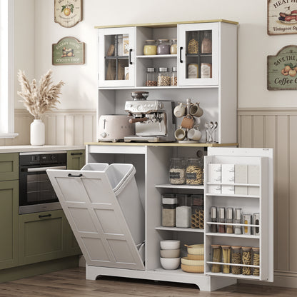 175cm Tall Kitchen Cabinet with Rubbish Bin, White