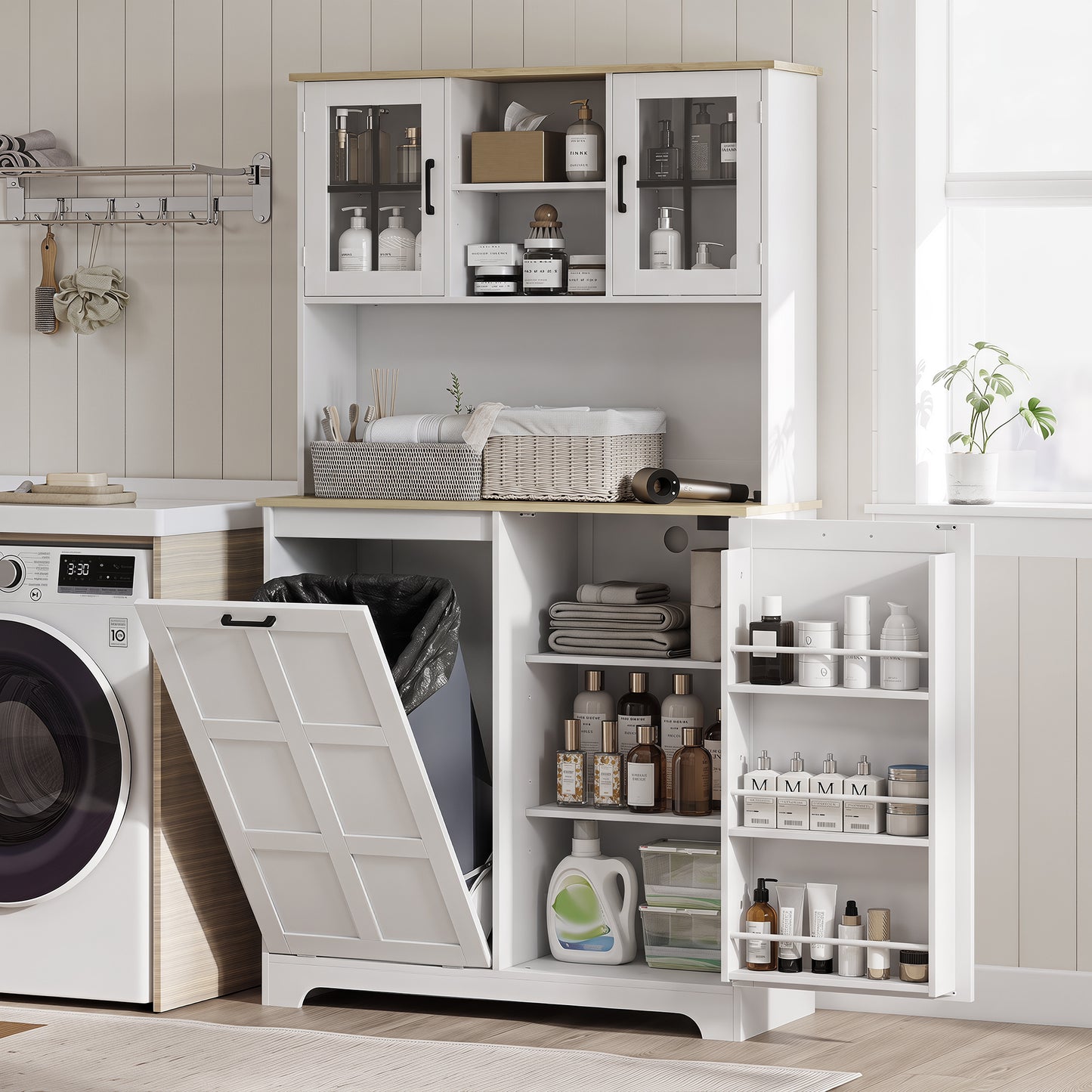 175cm Tall Kitchen Cabinet with Rubbish Bin, White