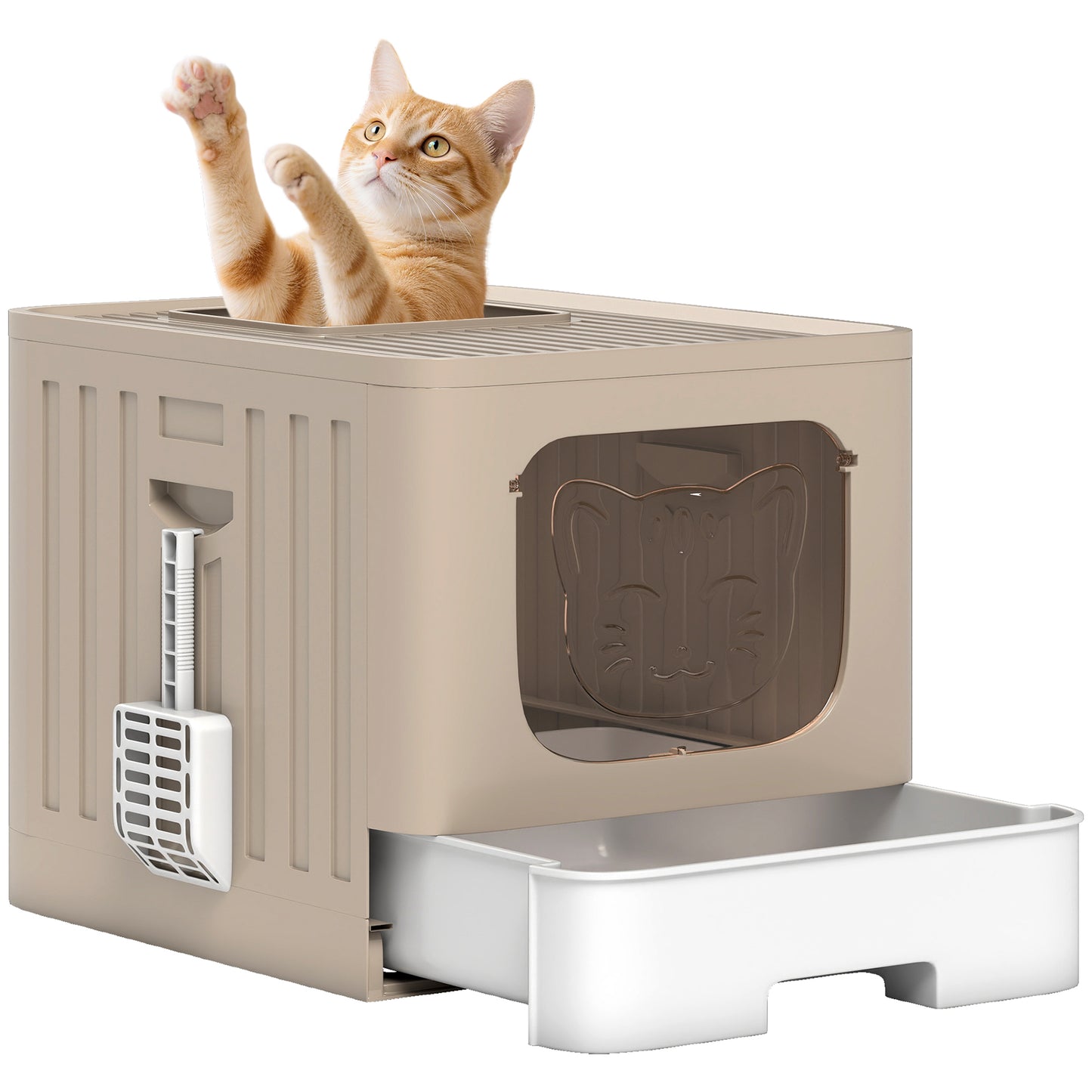 Foldable Cat Litter Box with Lid, Slide-Out Drawer, Khaki