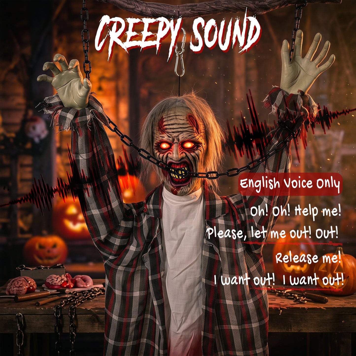 43" Hanging Animated Chained Zombie Halloween Decoration for Scary Garden