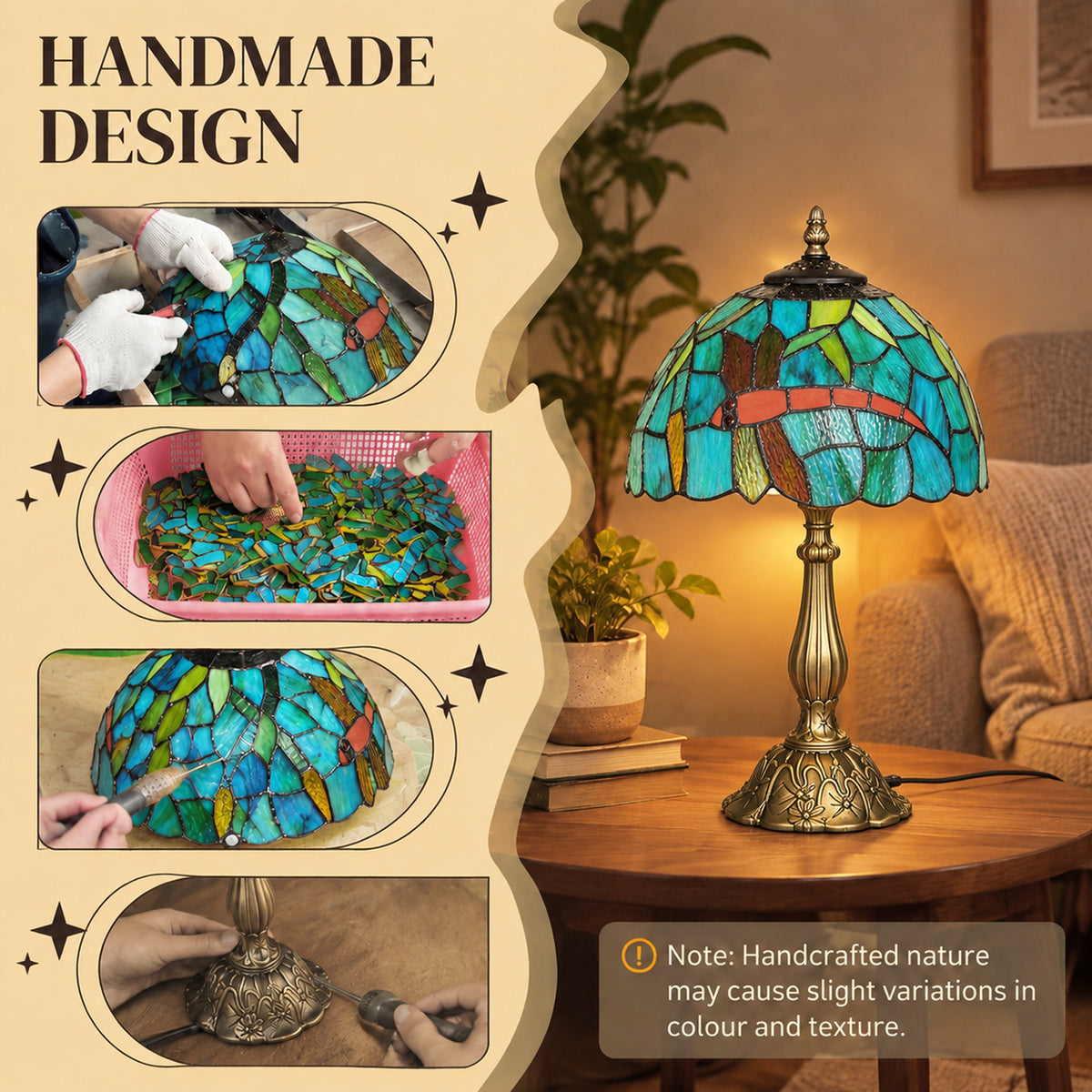 Handcrafted Stained Glass Table Lamp (E27 Bulb Not Included) - Green & Bronze