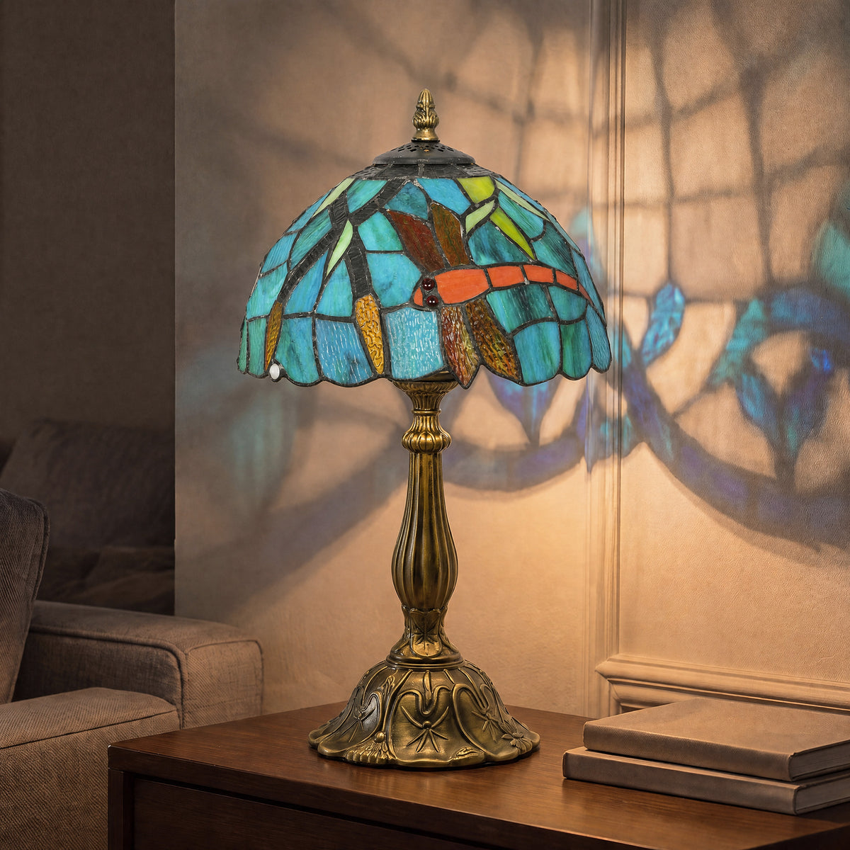 Handcrafted Stained Glass Table Lamp (E27 Bulb Not Included) - Green & Bronze