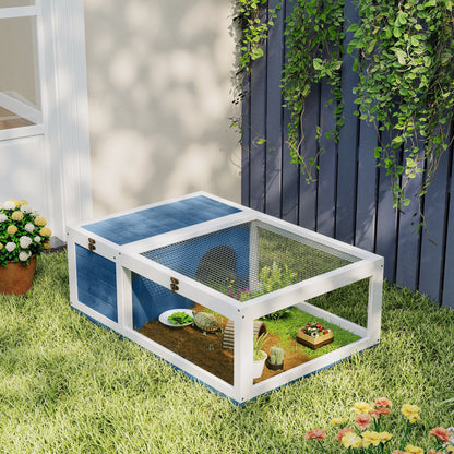 Tortoise House w/ Mesh Roof, Small Pet Reptile Wooden House - Blue
