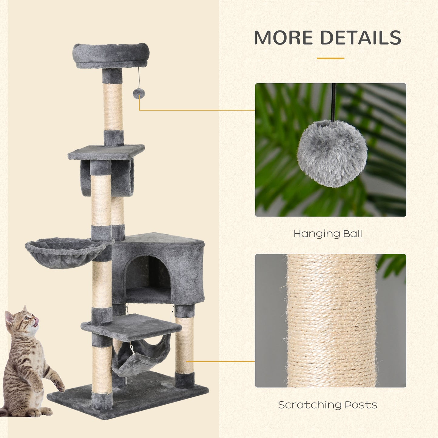 Cat Tree for Indoor Cats Condo Tower Multi-level Height 150CM Kittens Activity Stand House with Toys & Various Scratching Posts