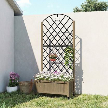 Garden Bed w/Metal Trellis, Wooden Elevated Planter Box Carbonised