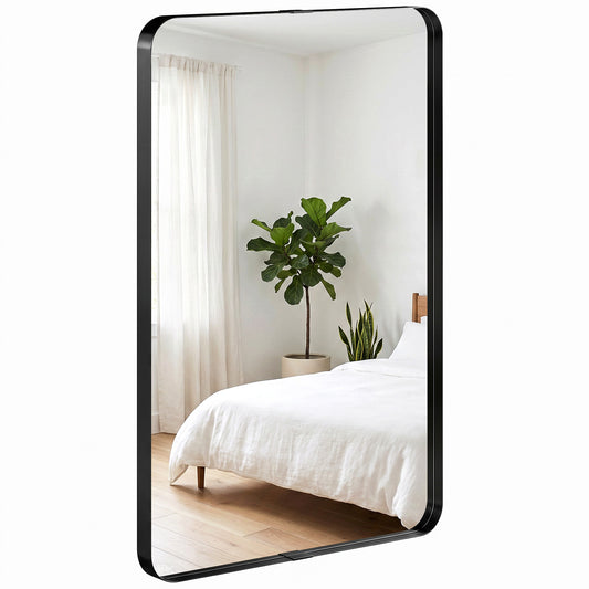 Wall Mirror with Elevated Aluminium Alloy Frame, 60 x 90 cm Bathroom Mirror with Tempered Glass for Living Room, Bedroom, Hallway, Black