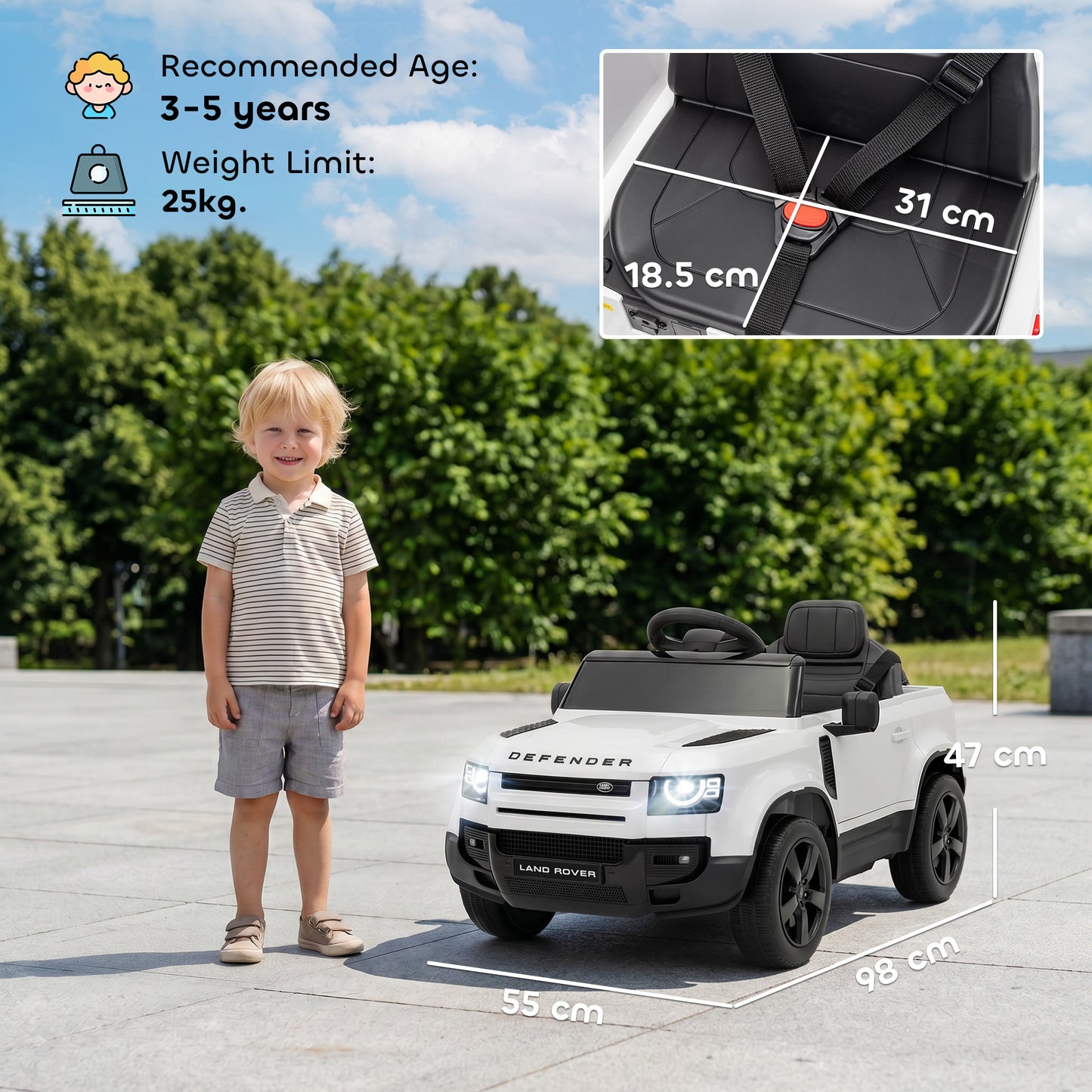 Land Rover Defender Licensed 12V Kids Ride on Car w/ Remote, White