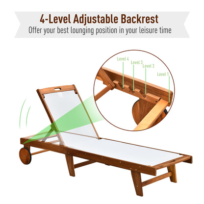 Outdoor Texteline Chaise Sun Lounger Acacia Wood Bed Recliner w/ Wheels