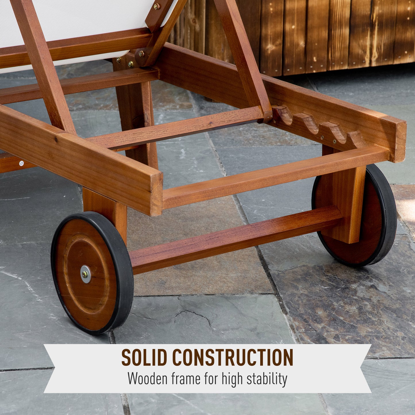 Outdoor Texteline Chaise Sun Lounger Acacia Wood Bed Recliner w/ Wheels