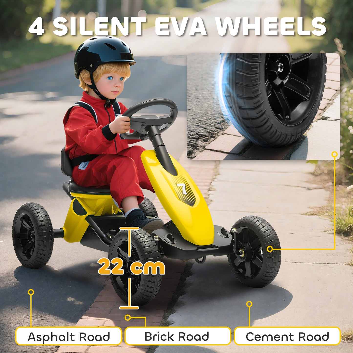 Pedal Go-Kart for Kids with Silent EVA Wheels, Metal Frame, Yellow