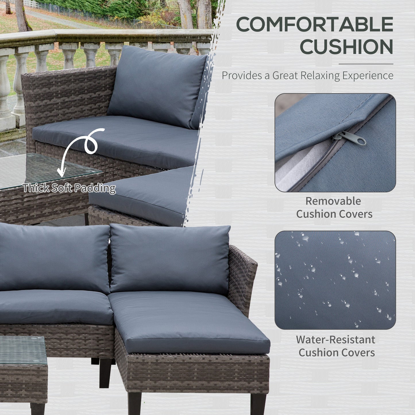 3 PCs Rattan Outdoor Set Cushion L Shape Corner Sofa Coffee Table