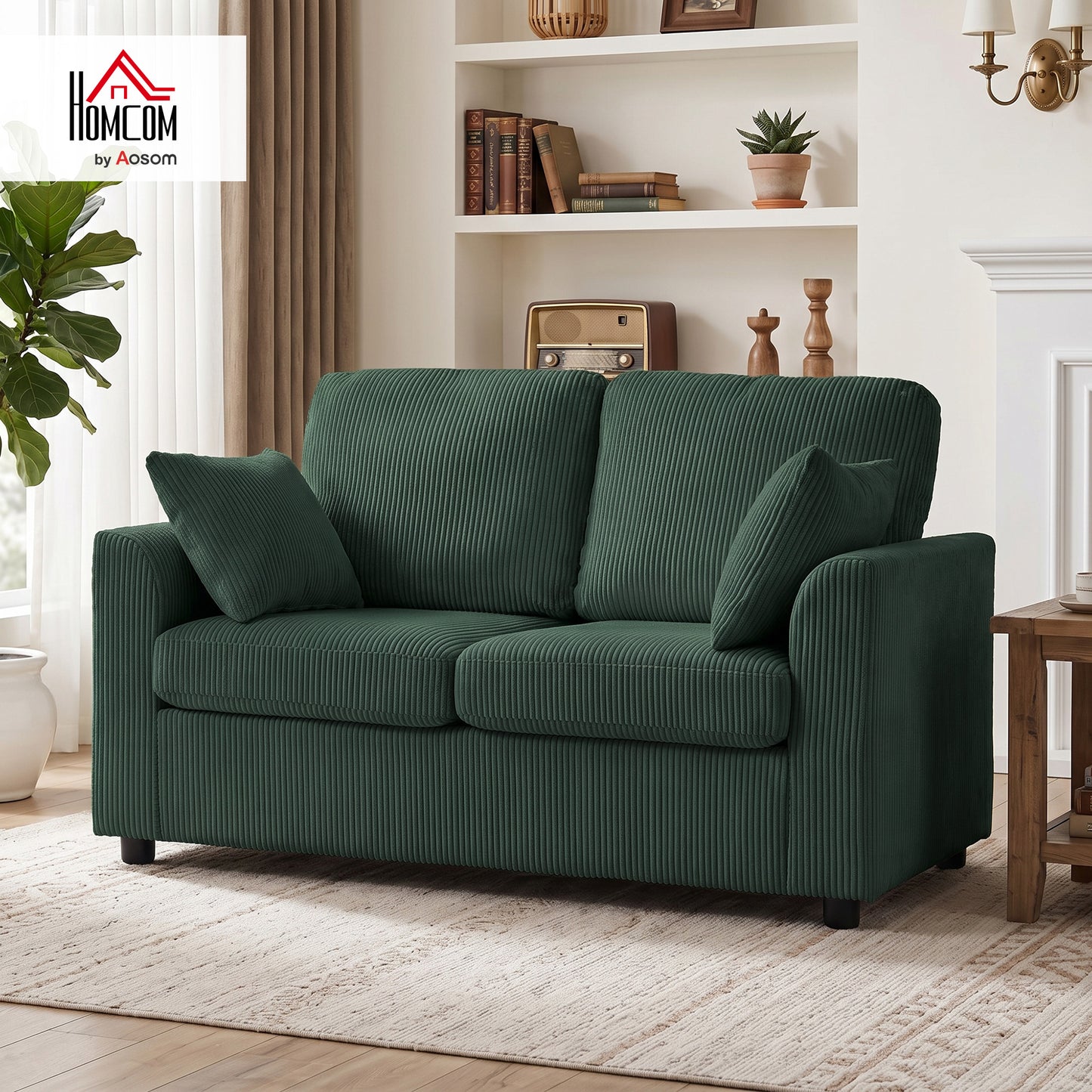 2 Seater Sofa, Corduroy Small Couch with Spring Cushion, Dark Green