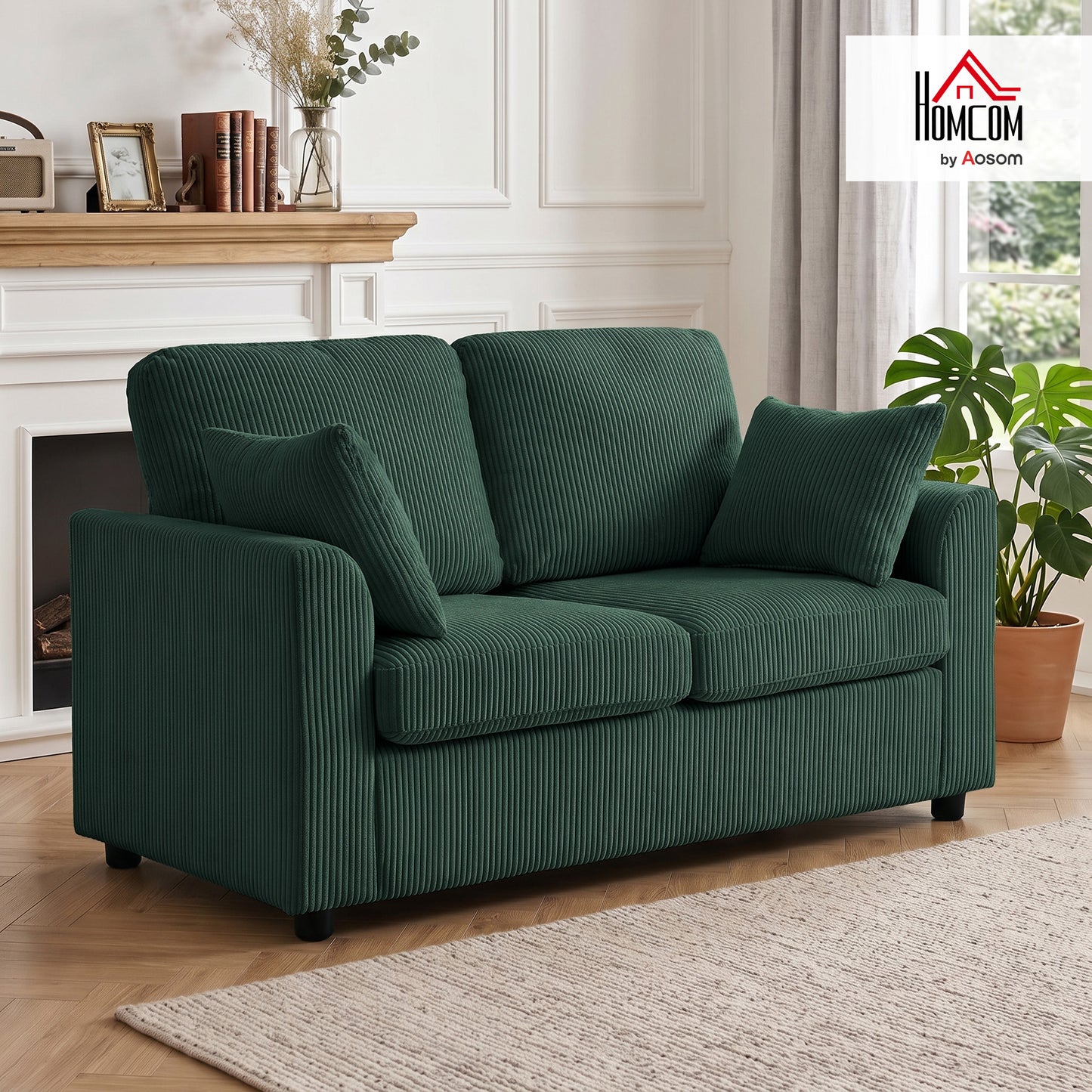 2 Seater Sofa, Corduroy Small Couch with Spring Cushion, Dark Green