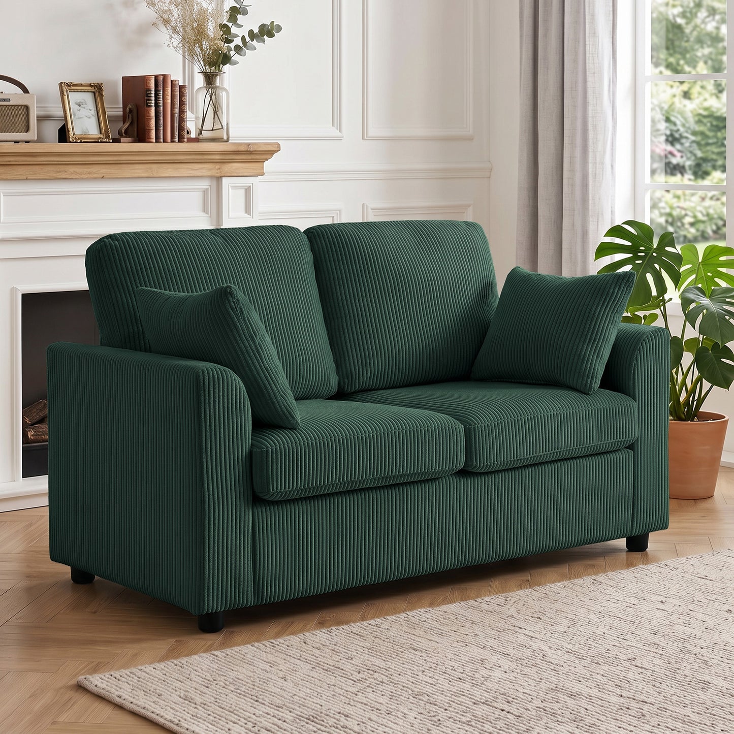 2 Seater Sofa, Corduroy Small Couch with Spring Cushion, Dark Green