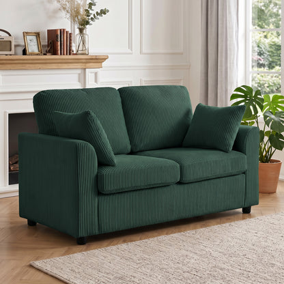 2 Seater Sofa, Corduroy Small Couch with Spring Cushion, Dark Green