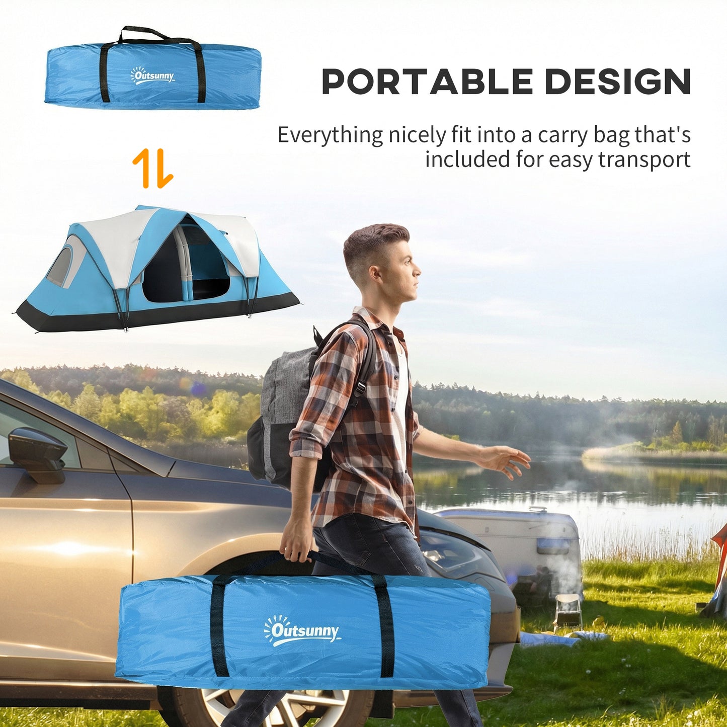 2 Room Camping Tent with Waterproof Rainfly & Screen Panels, Blue