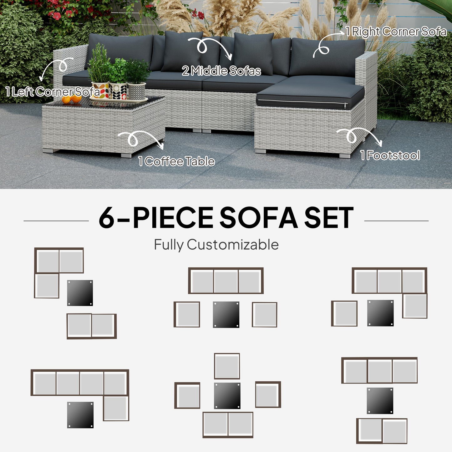 6 Pieces Rattan Furniture Set Garden Sofa Set Mixed Grey