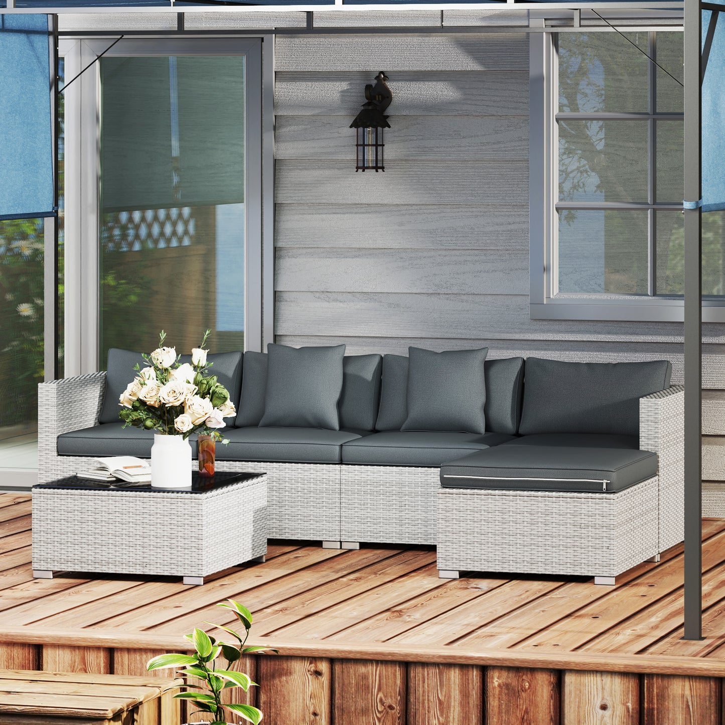 6 Pieces Rattan Furniture Set Garden Sofa Set Mixed Grey