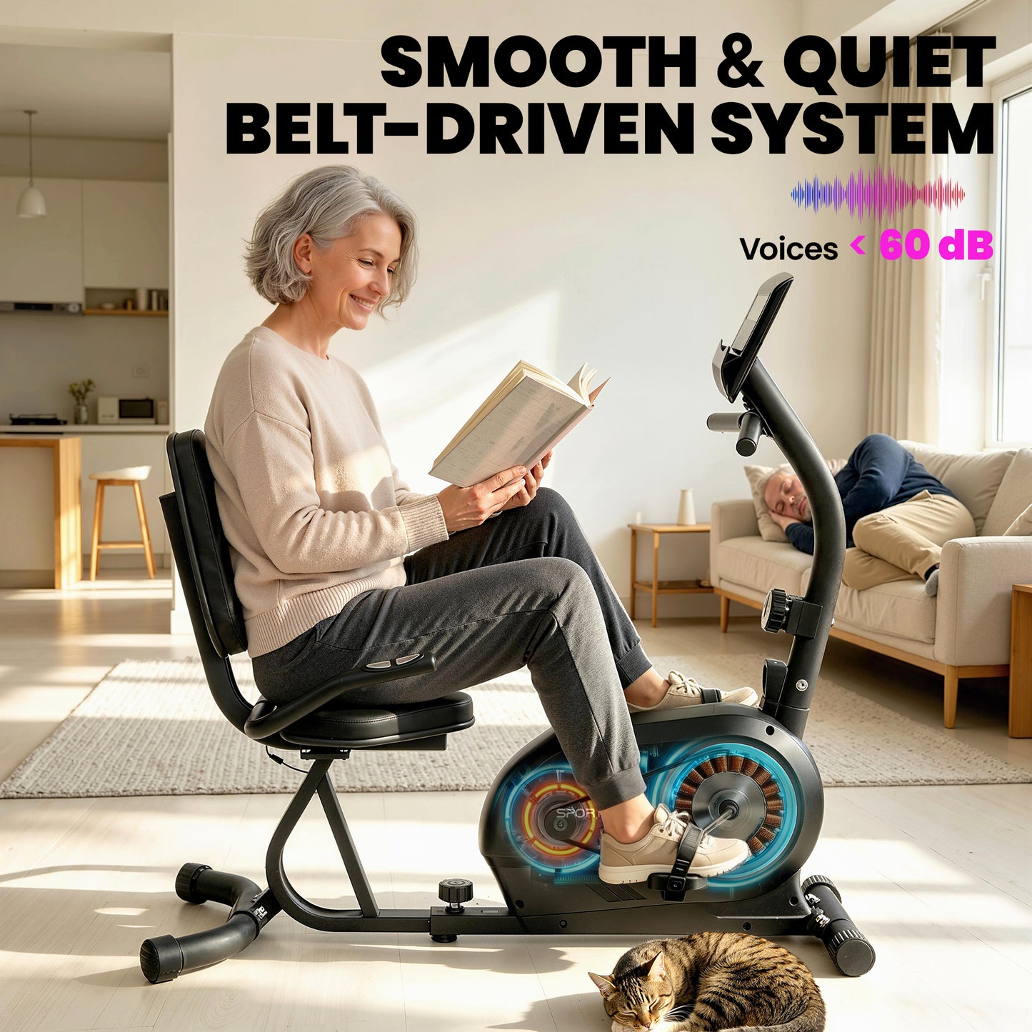 Recumbent Exercise Bike for Home, Indoor Stationary Bike for Seniors with Bluetooth, App Connectivity, 8-Level Magnetic Resistance, LCD Display, Pulse Sensors, Adjustable Seat and Wheels