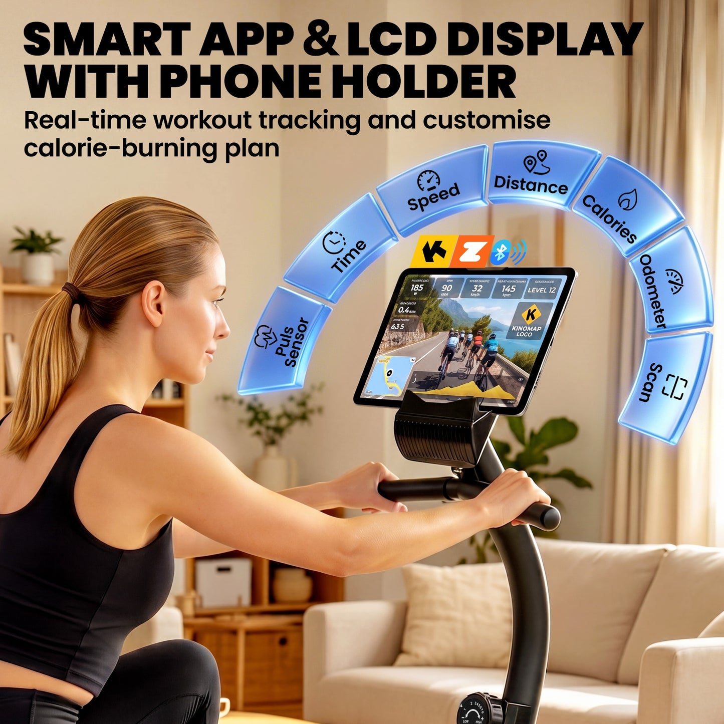 Recumbent Exercise Bike for Home, Indoor Stationary Bike for Seniors with Bluetooth, App Connectivity, 8-Level Magnetic Resistance, LCD Display, Pulse Sensors, Adjustable Seat and Wheels