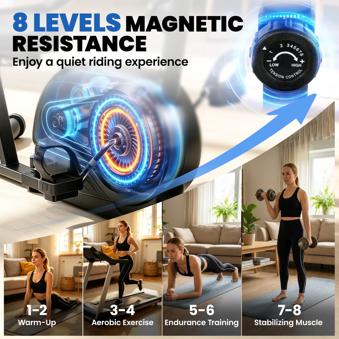 Recumbent Exercise Bike for Home, Indoor Stationary Bike for Seniors with Bluetooth, App Connectivity, 8-Level Magnetic Resistance, LCD Display, Pulse Sensors, Adjustable Seat and Wheels